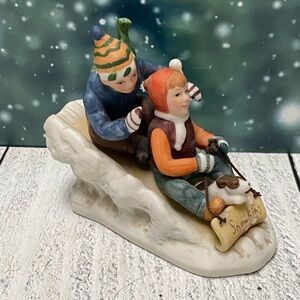 Norman Rockwell Downhill Racer Christmas Figurine  Sledding - Vintage Christmas